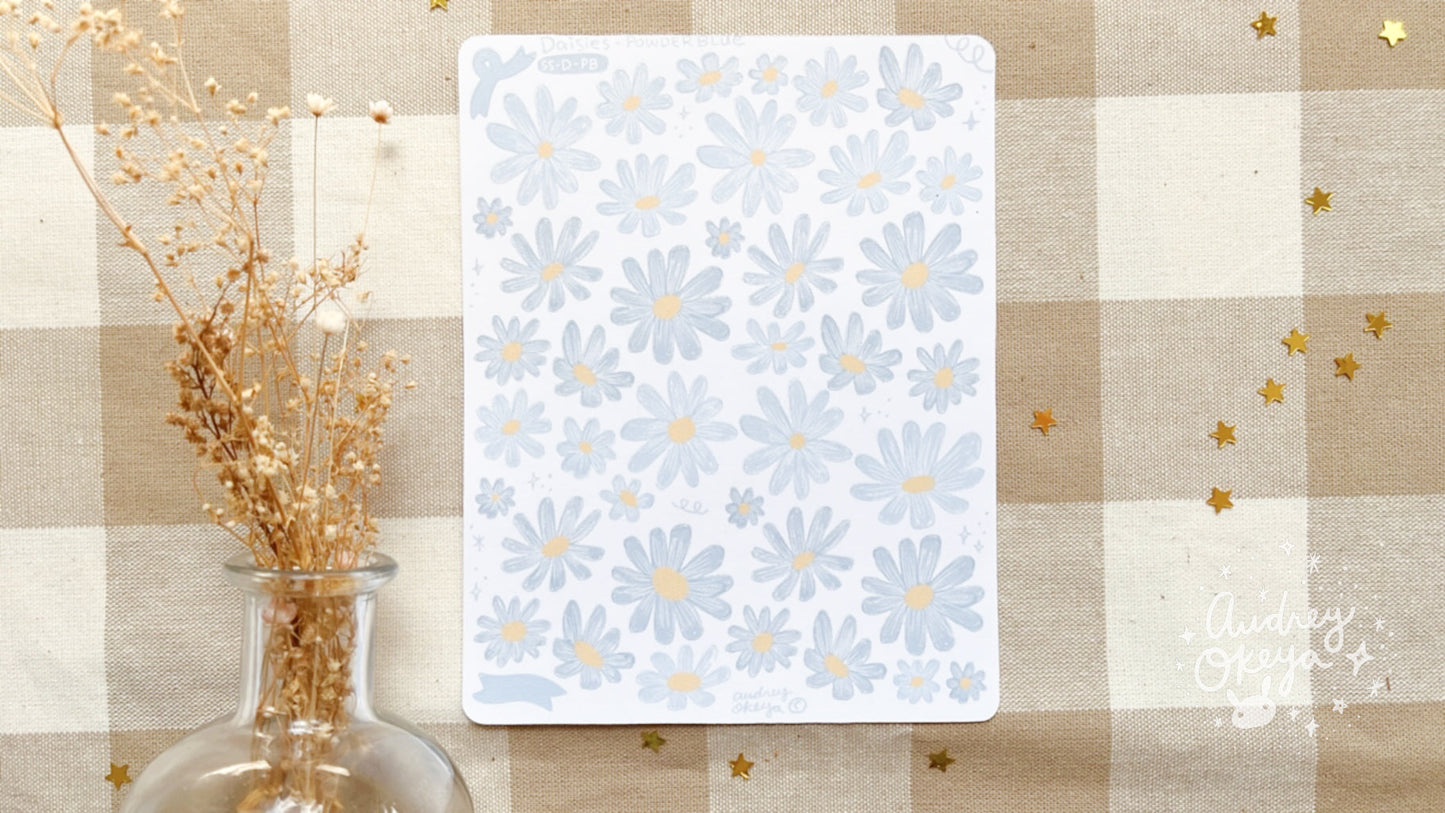 Die-cut Daisies Sticker Sheet in Powder Blue Color