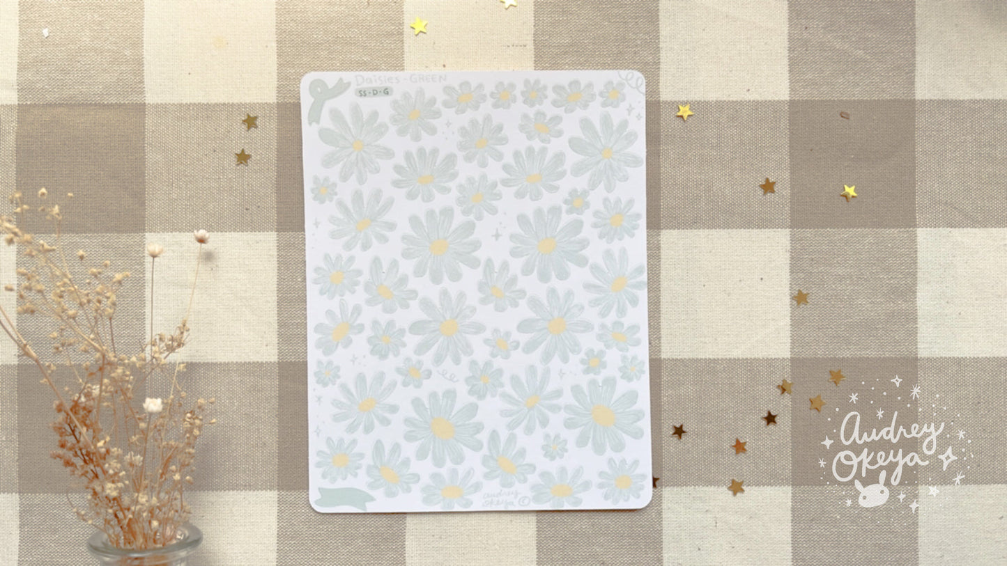 Die-cut Daisies Sticker Sheet in Light Pastel Green Color