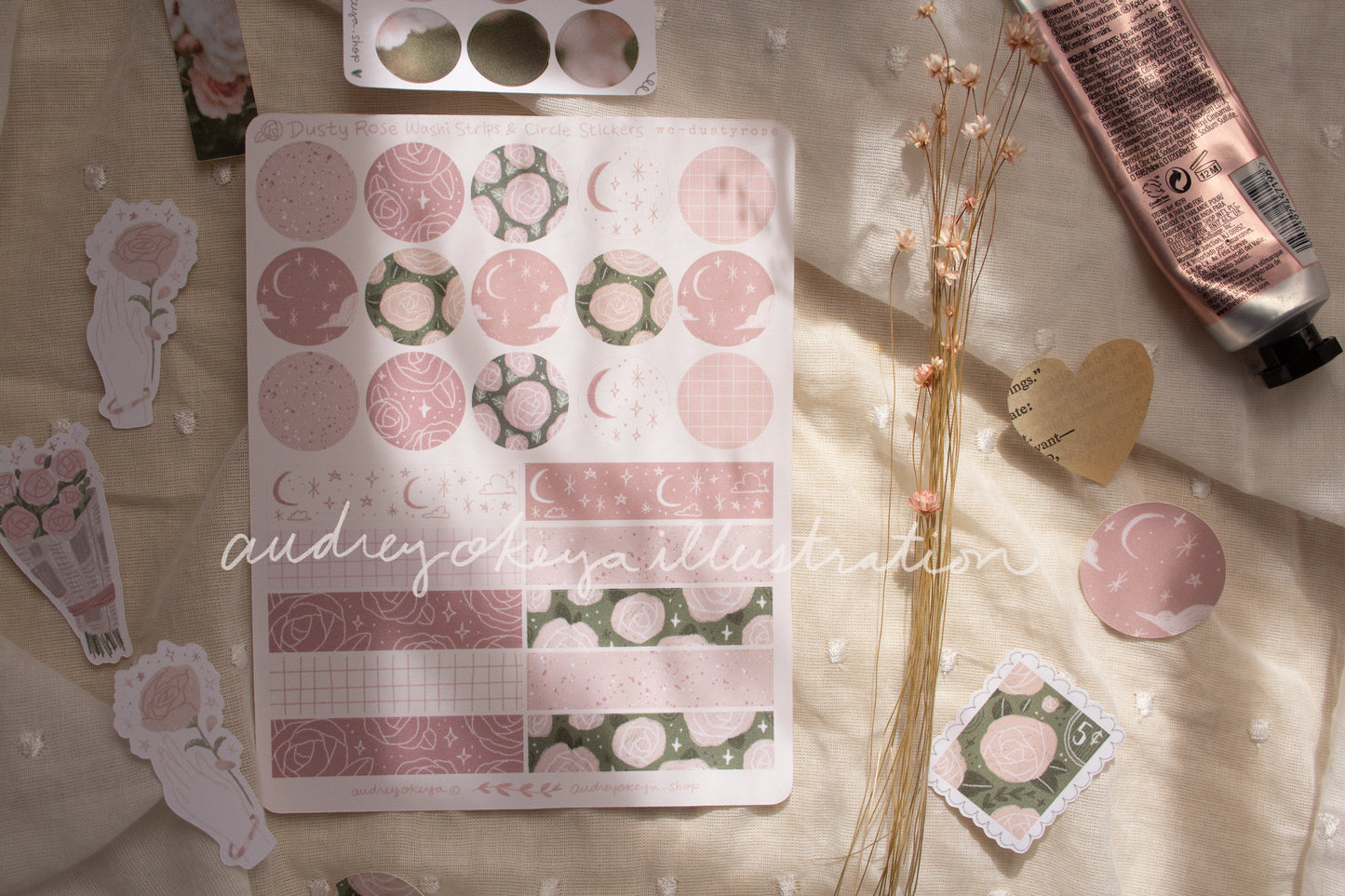 Dusty Rose Sticker Sheets & Washi / Circle Stickers - 2 Diff Kinds!