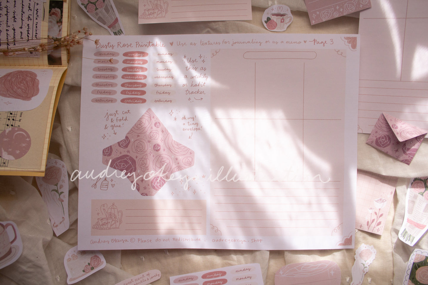 Dusty Rose Printable Pages | Stickers, Memos, Tiny Envelopes