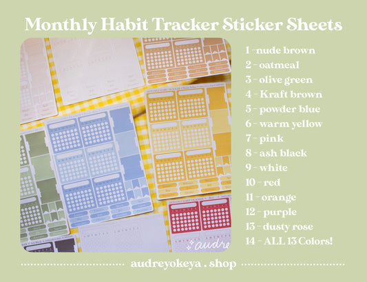 Monthly Habit Tracker Sticker Sheets | 13 Different Colors