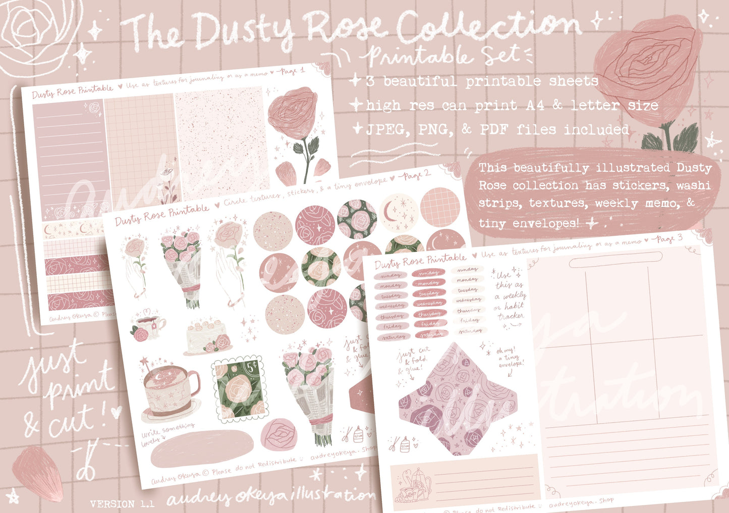 Dusty Rose Printable Pages | Stickers, Memos, Tiny Envelopes