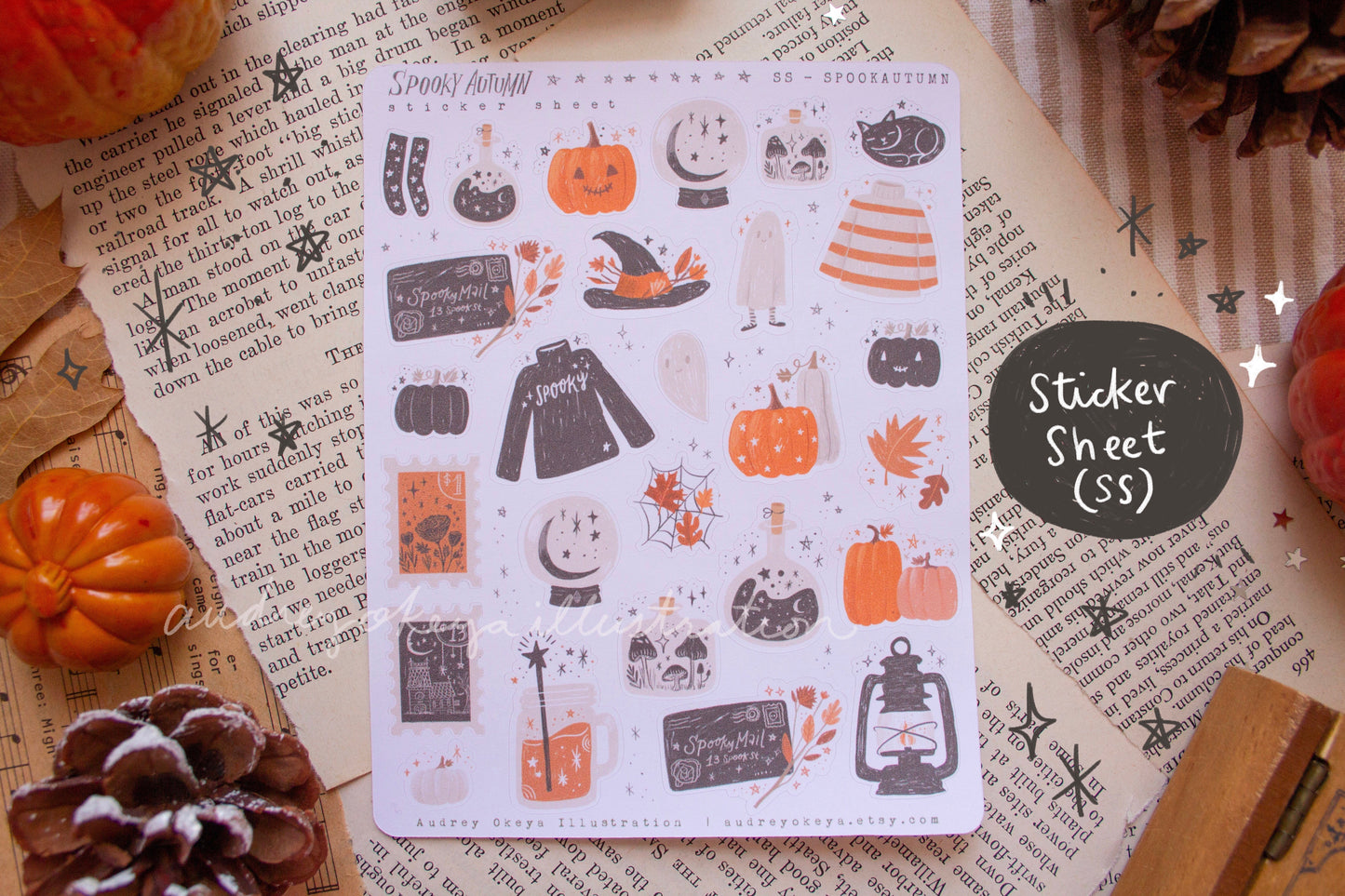 Spooky Autumn Halloween Sticker Sheets, Sticker Flakes, Washi Strips