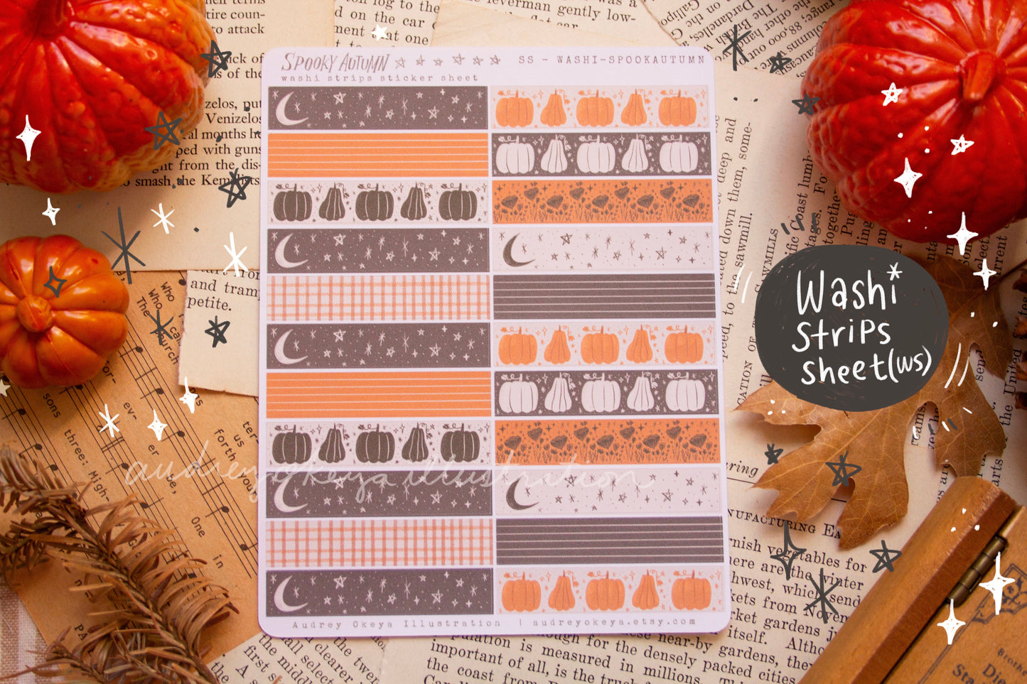 Spooky Autumn Halloween Sticker Sheets, Sticker Flakes, Washi Strips