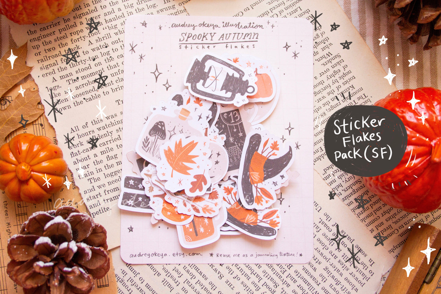 Spooky Autumn Halloween Sticker Sheets, Sticker Flakes, Washi Strips