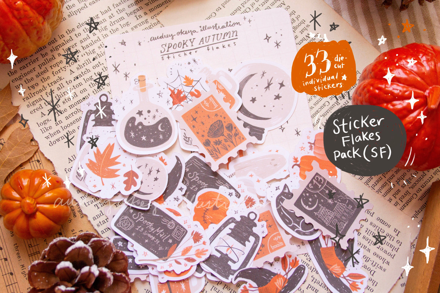 Spooky Autumn Halloween Sticker Sheets, Sticker Flakes, Washi Strips