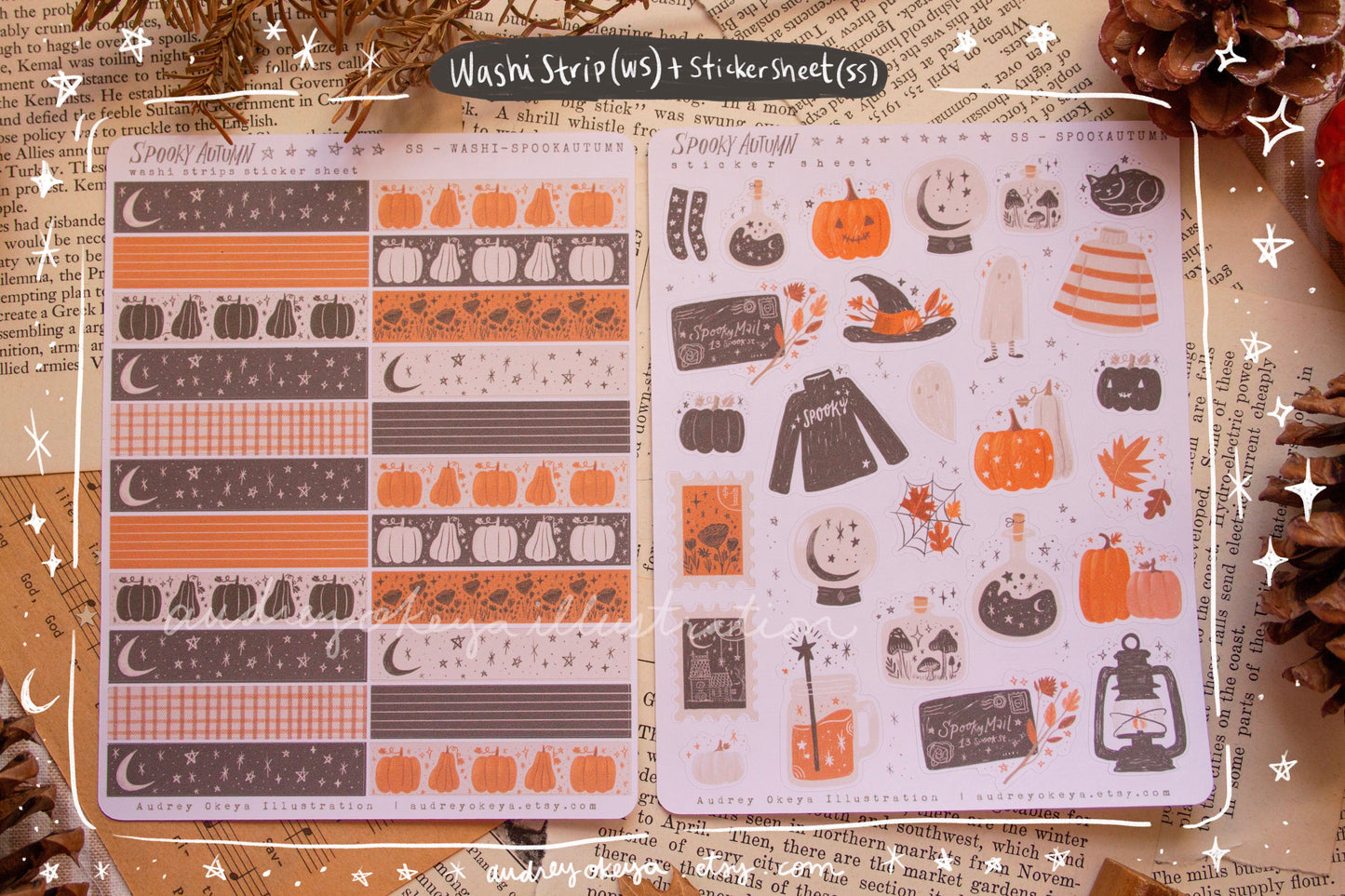 Spooky Autumn Halloween Sticker Sheets, Sticker Flakes, Washi Strips