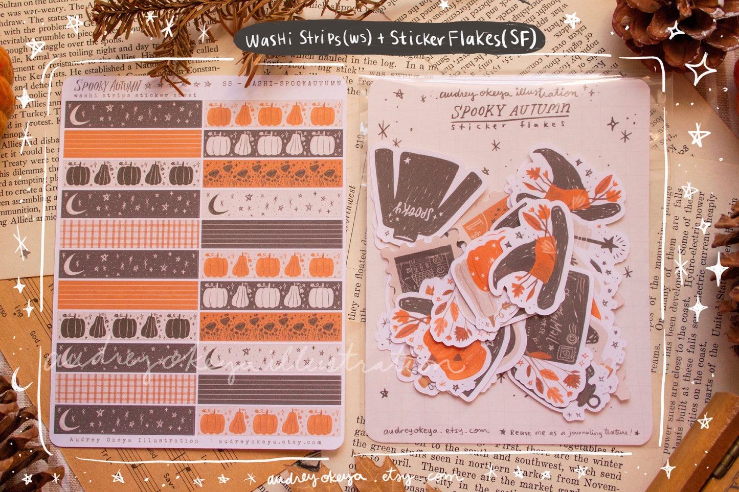 Spooky Autumn Halloween Sticker Sheets, Sticker Flakes, Washi Strips