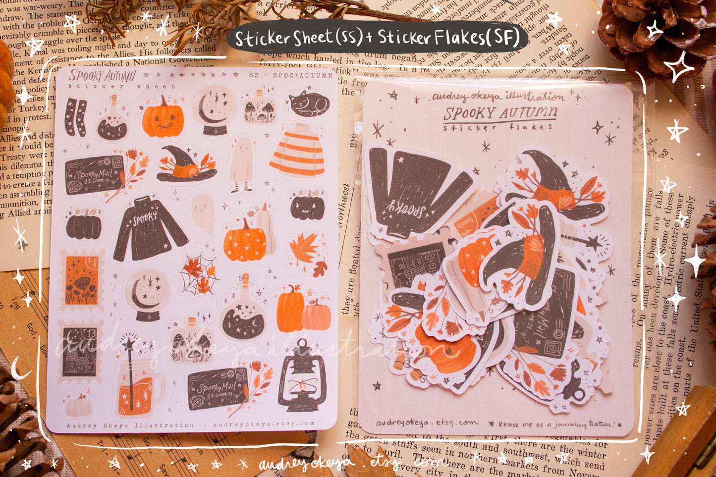 Spooky Autumn Halloween Sticker Sheets, Sticker Flakes, Washi Strips