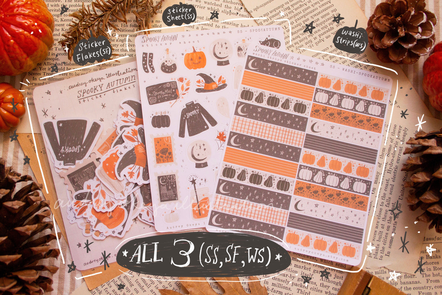 Spooky Autumn Halloween Sticker Sheets, Sticker Flakes, Washi Strips