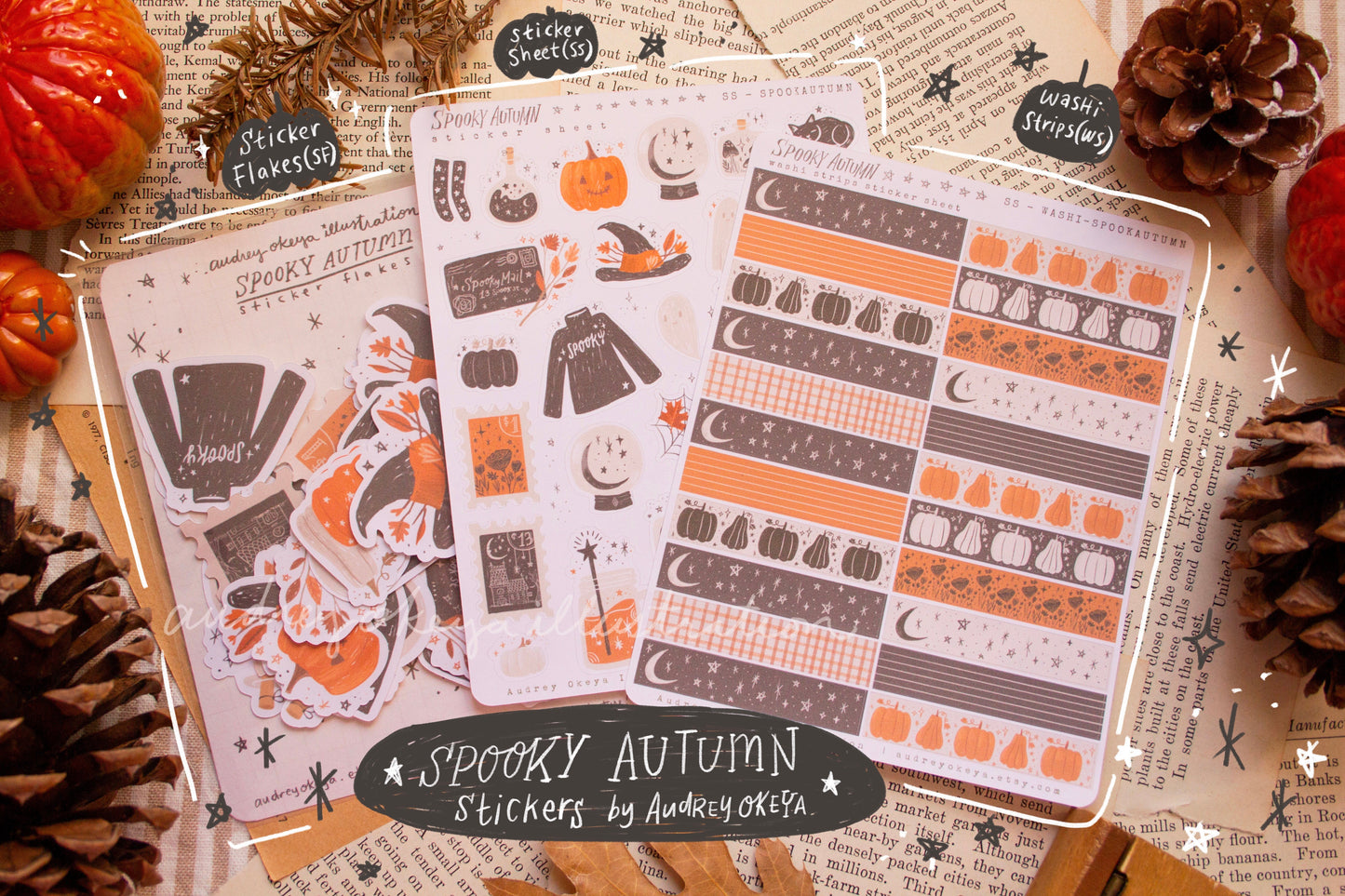 Spooky Autumn Halloween Sticker Sheets, Sticker Flakes, Washi Strips