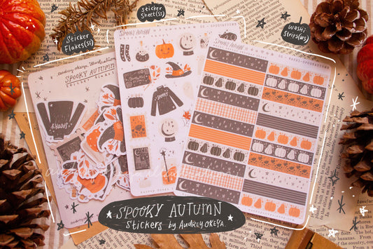 Spooky Autumn Halloween Sticker Sheets, Sticker Flakes, Washi Strips