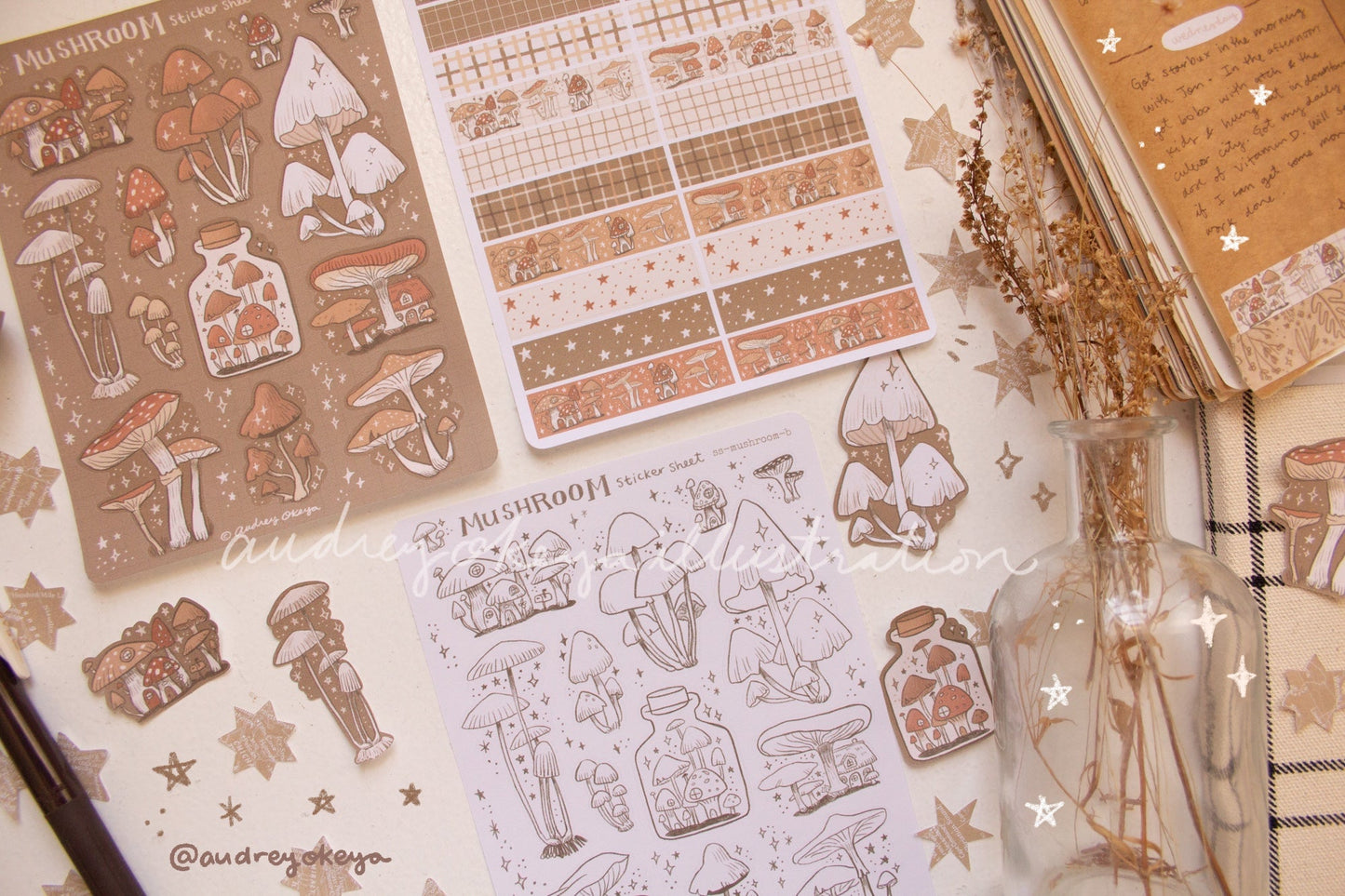 Mushroom Cottagecore Bullet Journaling Stickers & Washi Strips