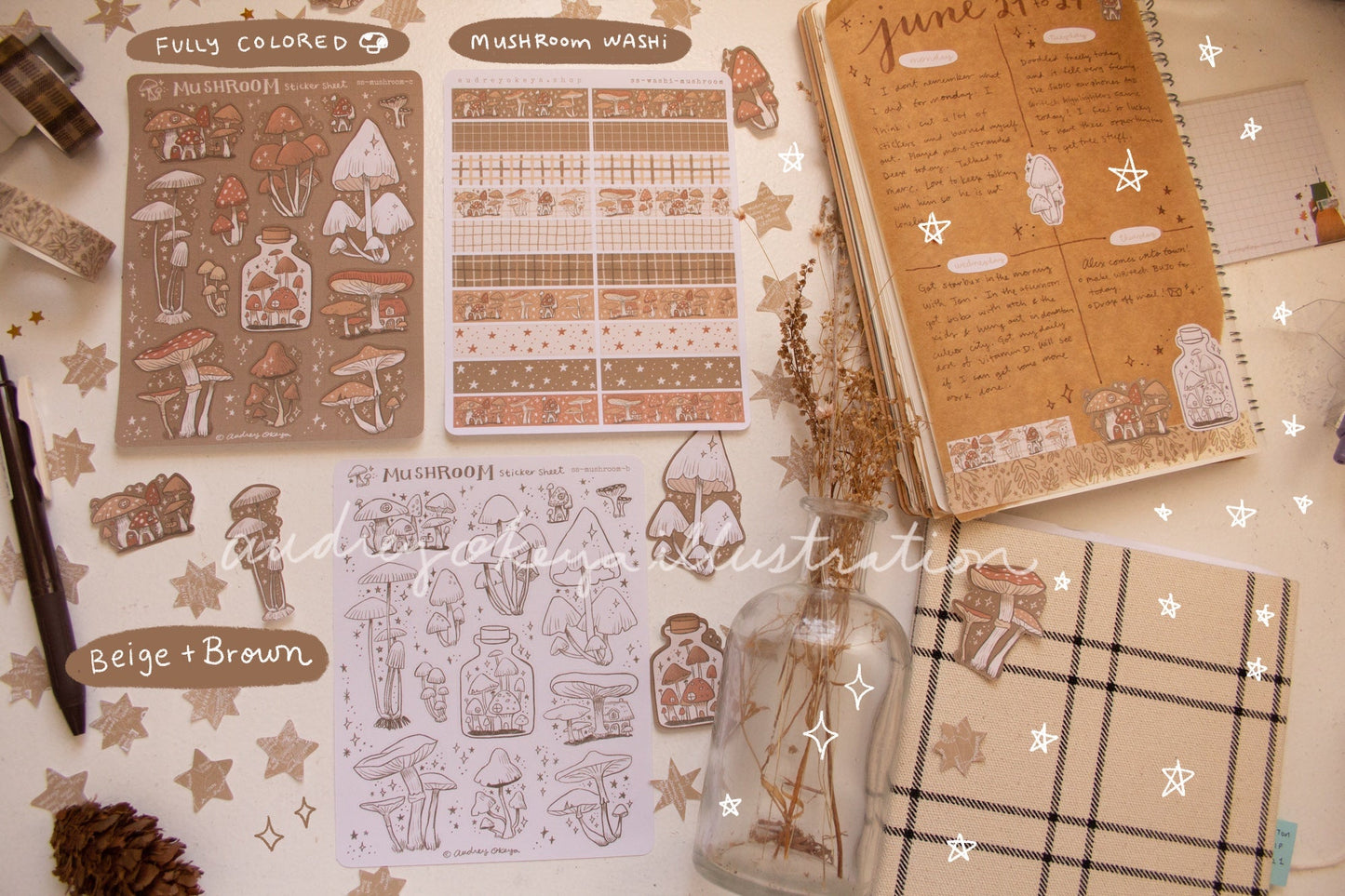 Mushroom Cottagecore Bullet Journaling Stickers & Washi Strips