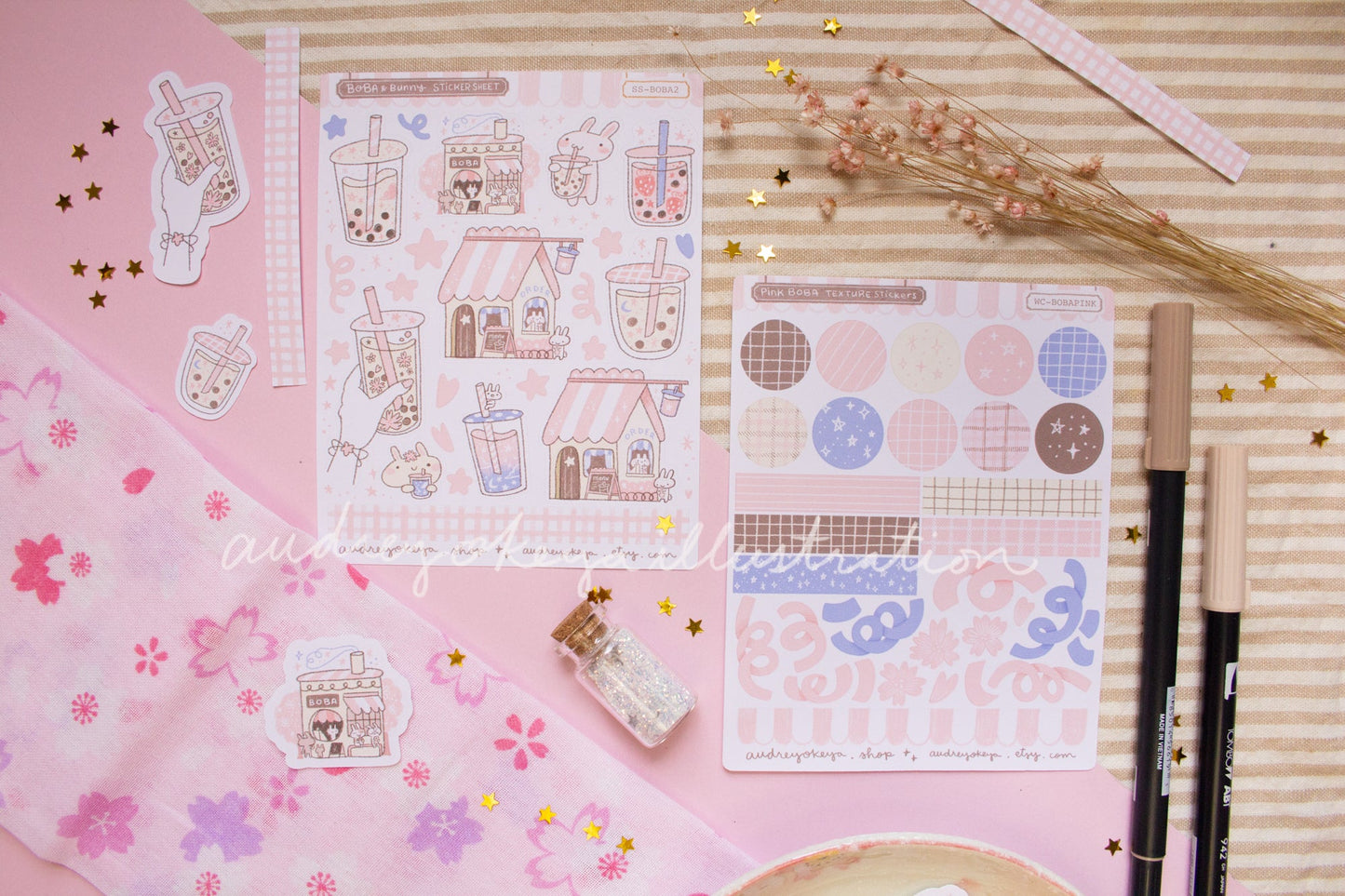 Boba Shop Pink Sticker Sheets | Pink Circles Washi & Ribbons Sticker Sheet - 2 Diff Kinds!