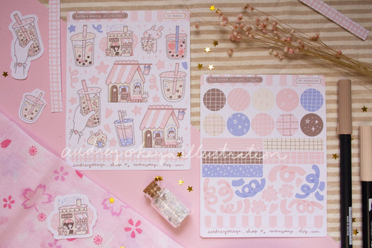 Boba Shop Pink Sticker Sheets | Pink Circles Washi & Ribbons Sticker Sheet - 2 Diff Kinds!