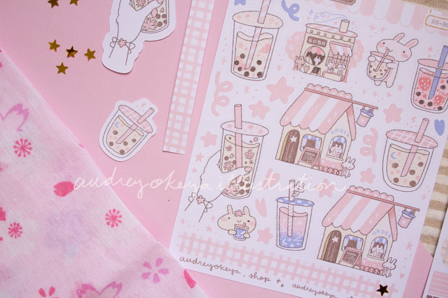 Boba Shop Pink Sticker Sheets | Pink Circles Washi & Ribbons Sticker Sheet - 2 Diff Kinds!