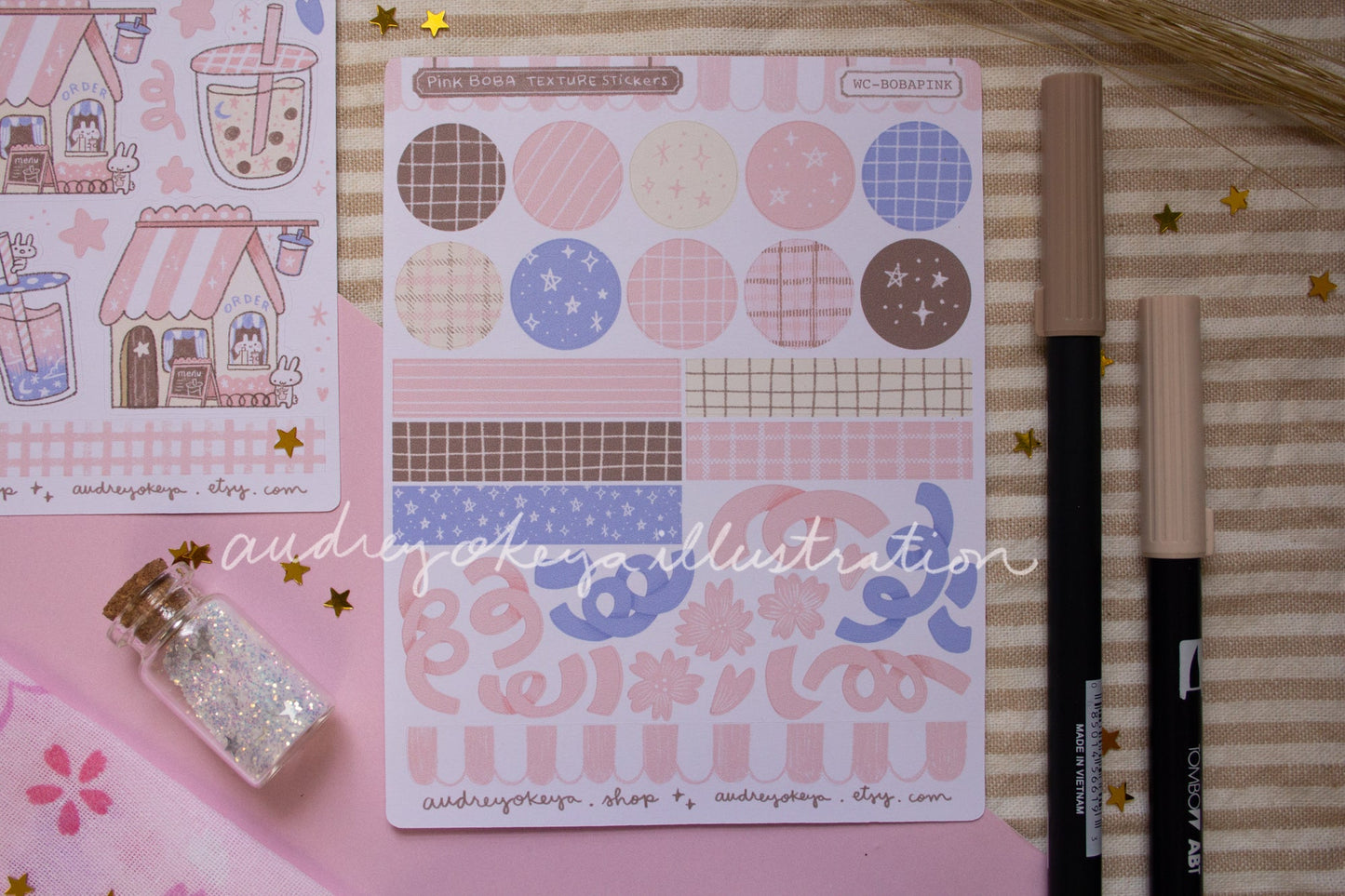 Boba Shop Pink Sticker Sheets | Pink Circles Washi & Ribbons Sticker Sheet - 2 Diff Kinds!