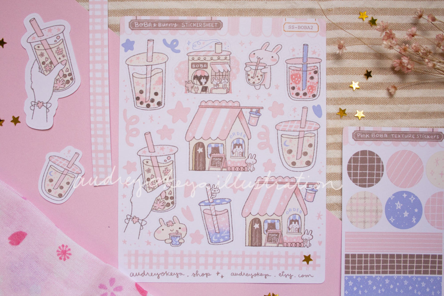 Boba Shop Pink Sticker Sheets | Pink Circles Washi & Ribbons Sticker Sheet - 2 Diff Kinds!