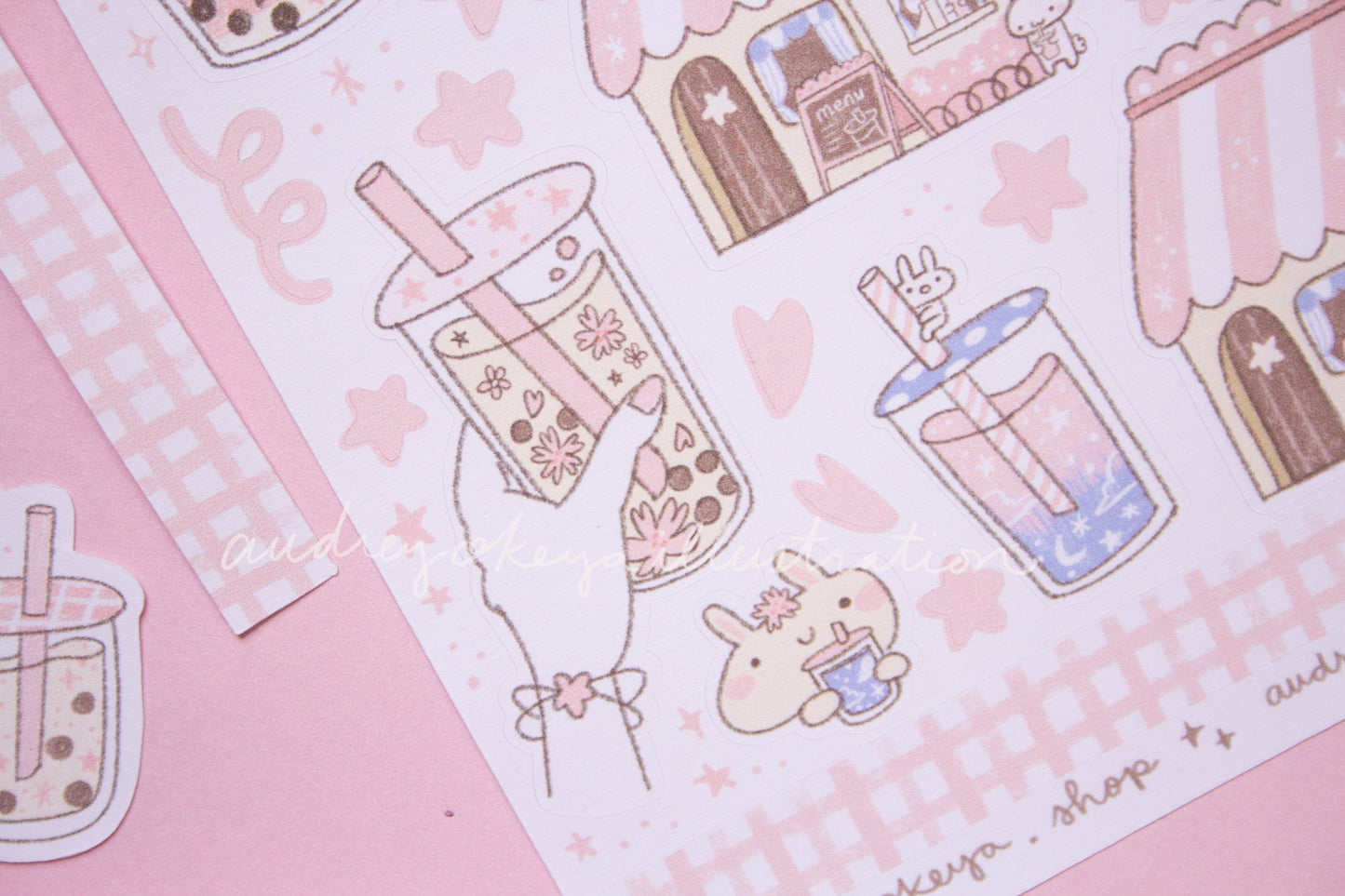 Boba Shop Pink Sticker Sheets | Pink Circles Washi & Ribbons Sticker Sheet - 2 Diff Kinds!