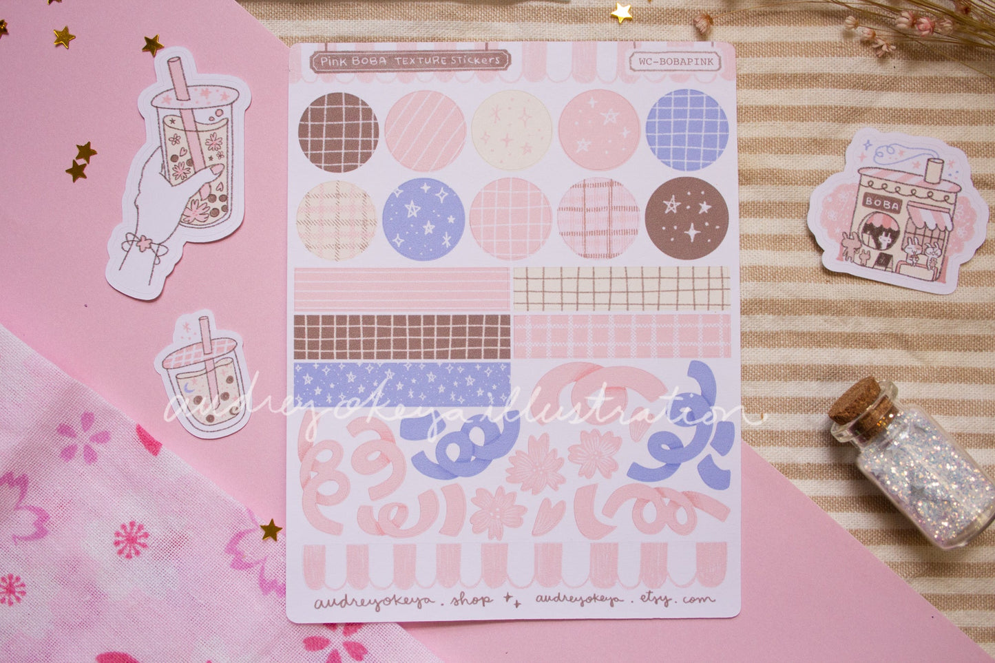 Boba Shop Pink Sticker Sheets | Pink Circles Washi & Ribbons Sticker Sheet - 2 Diff Kinds!