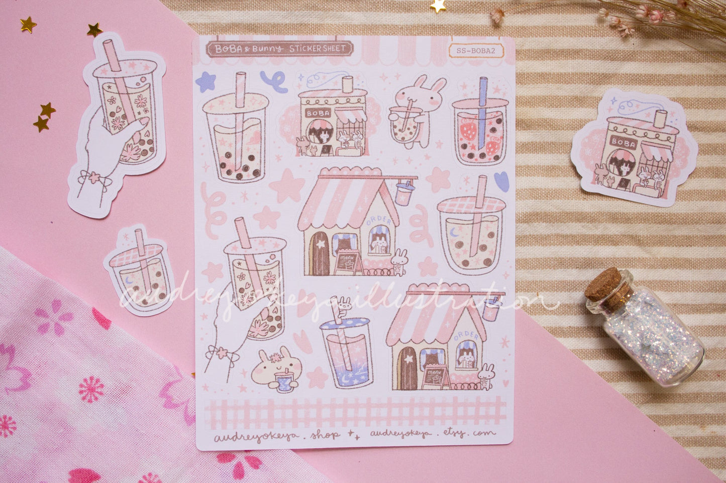 Boba Shop Pink Sticker Sheets | Pink Circles Washi & Ribbons Sticker Sheet - 2 Diff Kinds!